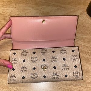 MCM large visetos original wallet beige outside and light pink inside
